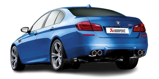 Near side rear view of a blue BMW M5 F10 with an Akrapovic exhaust, with twin pipes either side, fitted