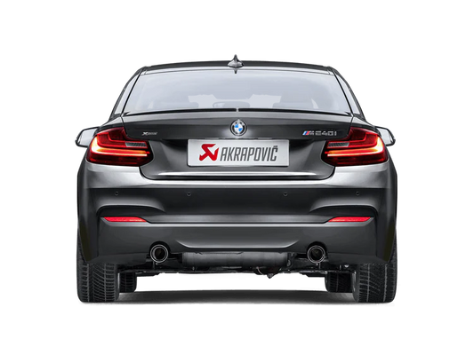 Rear view of a Grey BMW M240i with an Akrapovic Titanium rear exhaust with twin pipes & carbon fibre tips fitted