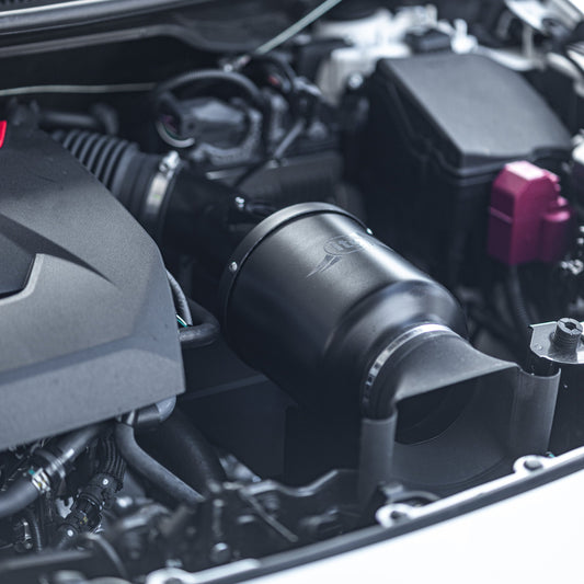 View of an ITG Maxogen air induction kit fitted to a white Toyota