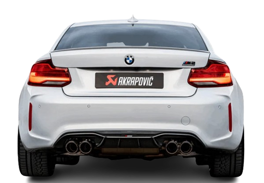 Rear view of a BMW M2 with an Akrapovič exhaust system & rear diffuser fitted