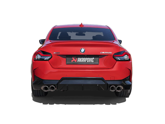 Rear view of a red BMW M240i with an Akrapovic Titanium rear exhaust, with twin pipes & carbon fibre tips each side, fitted