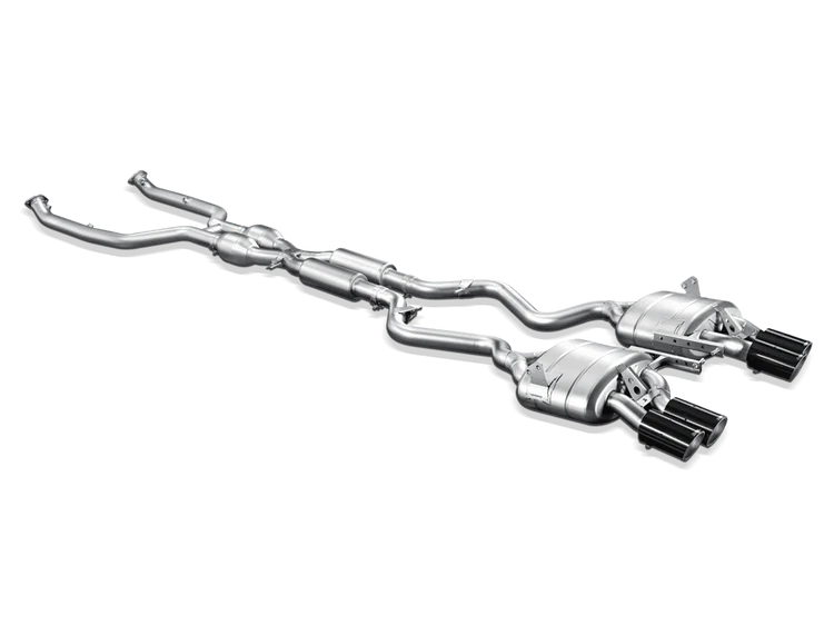 Aerial side view of an Akrapovic twin box with twin pipes & tips for a BMW M3 E92 E93