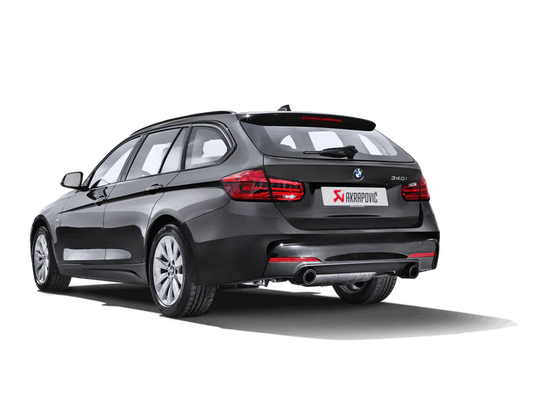 Grey BMW 340i touring with Akrapovič exhaust, rear view