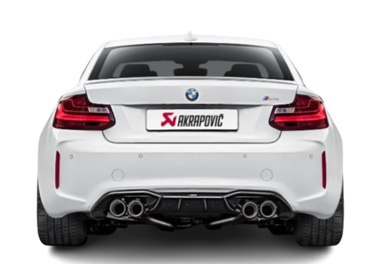 Rear view of a BMW M2 with an Akrapovič exhaust system and rear carbon fibre, with a high gloss finish, diffuser fitted