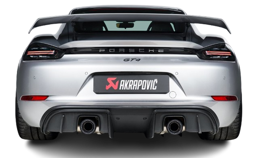 Rear view of a silver Porsche GT4 with an Akrapovič exhaust, with a pipe each side, fitted