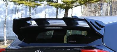 Close up Rear view of Black Toyota GR Yaris fitted with a TOM'S rear spoiler painted Black