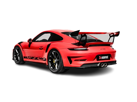 Nearside rear view of a Red Porsche 911 GT3 RS 991.2 with rear spoiler & an Akrapovič exhaust with twin round tail pipes fitted