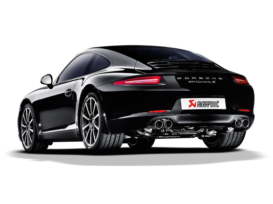 Nearside rear view of a Black Porsche 911 991.1 Carrera S with an Akrapovič Titanium Slip-On Race exhaust fitted & double twin round tail pipes