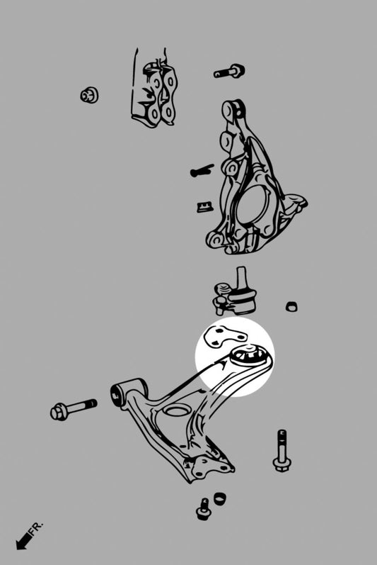 A line diagram of the front suspension showing the location of the bushes