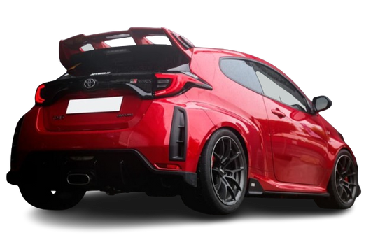 Offside rear view of a Tom's side diffuser fitted to a red Toyota GR Yaris with black wheels & trim