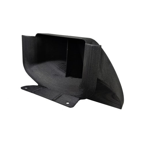 A close up view of a black air intake scoop