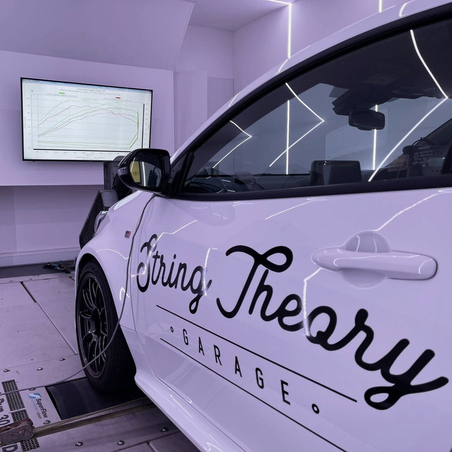 Side view of a white Toyota GR Yaris with black trim & String Theory Garage written on the door, on a rolling road showing performance figures on a screen in the background