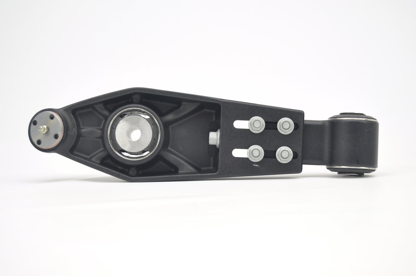 Side view of a black Eibach adjustable camber lower arm on it's side with a ball joint one end, bush on the arm & bush at the other end