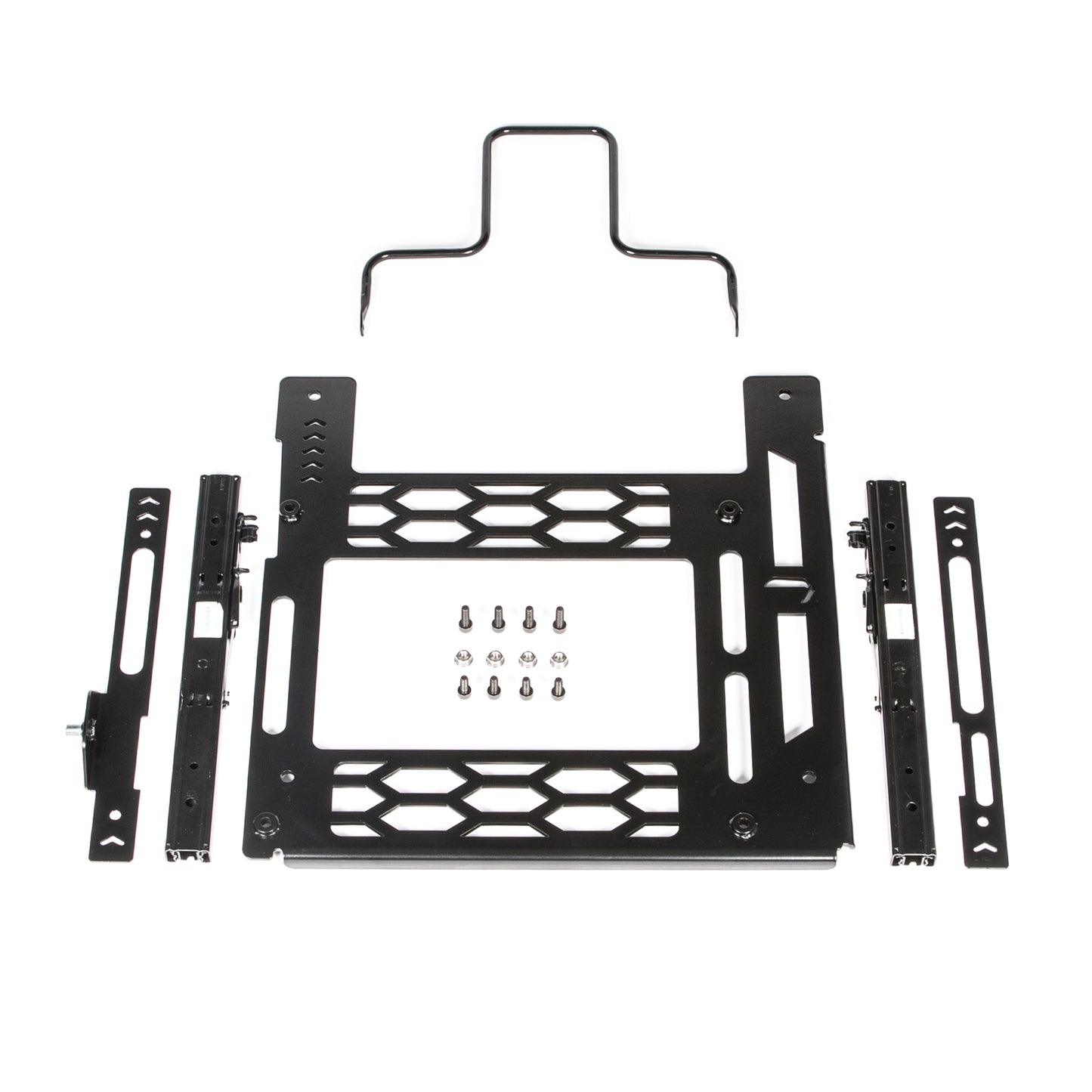 Aerial view of one side of the seat base kit components laid out on a white surface