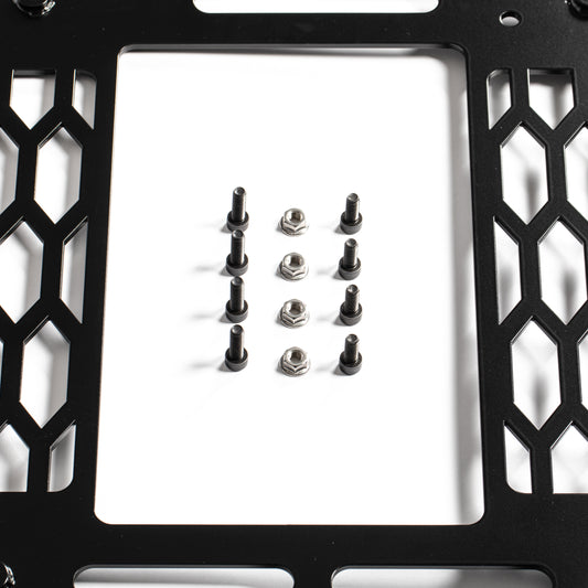 Close up view of 8 bolts & four nuts inside a seat base frame