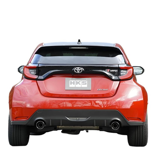 Rear view of a HKS Legamax exhaust fitted to a Toyota GR Yaris