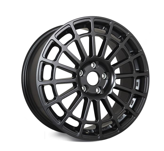 Front view of a Monte Corse 18-inch black wheel with a multi-spoke design against a white background