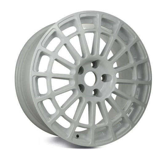 Front view of a Monte Corse 18-inch white wheel with a multi-spoke design against a black background