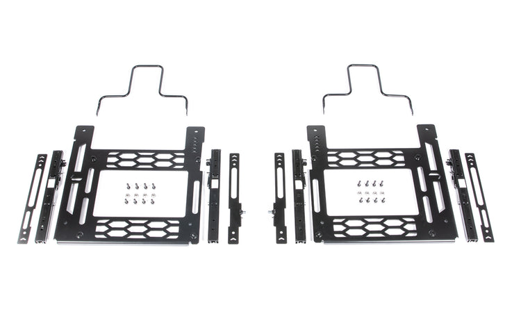 Aerial image of a JCR super low seat frame kit with all the components, including seat base & rails, laid out on a white surface