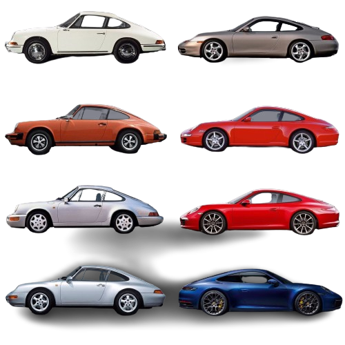 Images of the Porsche 911 range showing a white 911, orange G model, silver 964, silver 993, gold 996, red 997, red 991 & blue 992