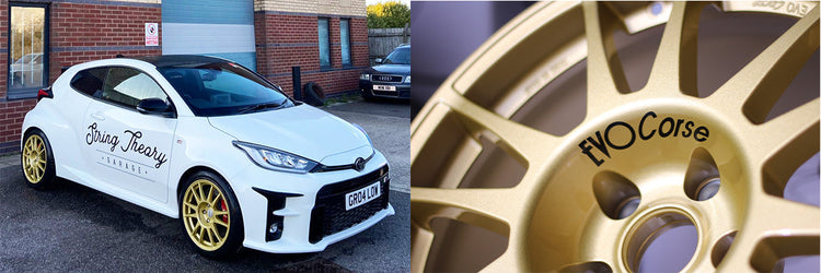 Image of a Toyota GR Yaris in white with the "String Theory Garage" logo on the door, gold EVO Corse alloy wheels fitted & a close up image of an EVO Corse gold alloy wheel