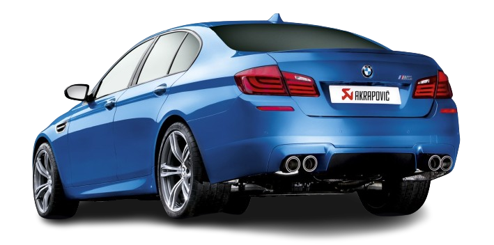 Near side rear view of a blue BMW M5 F10 with an Akrapovic exhaust, with twin pipes either side, fitted