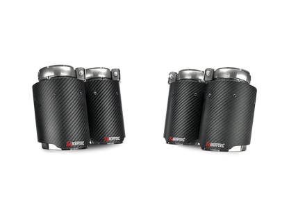 An aerial view of an Akrapovic Carbon Fibre tail pipe set, two pairs