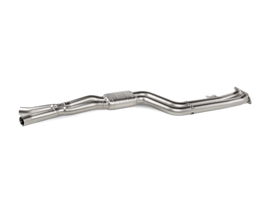 Side aerial view of an Akrapovič twin pipe evolution link pipe set in Titanium