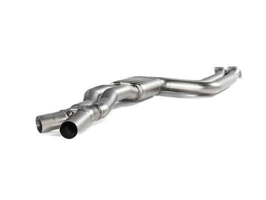 An Akrapovic twin pipe titanium exhaust system with a silencer in the centre