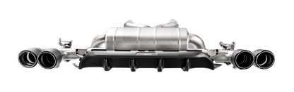 Rear view of an Akrapovic Titanium rear exhaust with twin pipes each side, carbon fibre tips & a carbon fibre rear diffuser