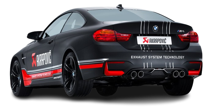 Near side rear view of a matt black BMW M4 with an Akrapovic exhaust, with twin pipes each side, & a carbon fibre rear diffuser fitted