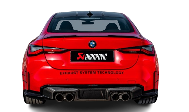 Rear view of a red BMW M3 with an Akrapovic exhaust, with twin pipes each side, & a high gloss black rear diffuser fitted