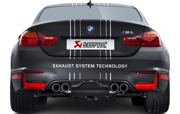 Rear view of a matt black BMW M4 with an Akrapovic exhaust with twin pipes each side & an Akrapovic rear carbon fibre diffuser