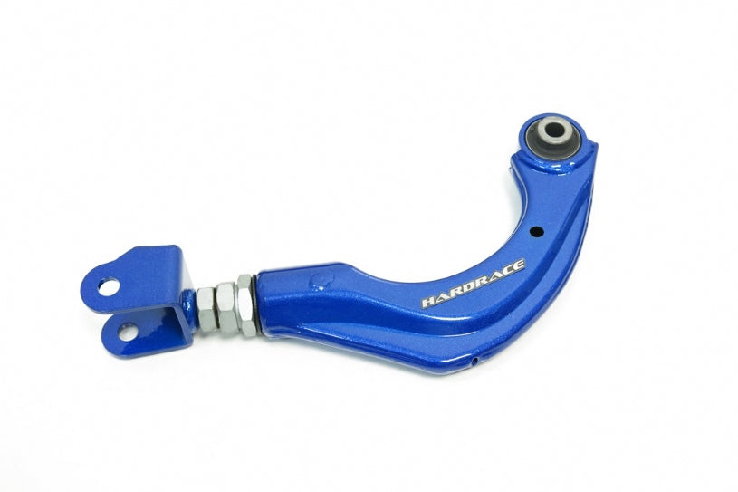 Aerial view of a blue Hardrace rear upper camber arm with a bracket on one end & a bush on the other