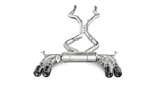Aerial front view of a titanium Akrapovič exhaust system with quad exhaust tips in carbon fibre & two separate single pipes out of the rear