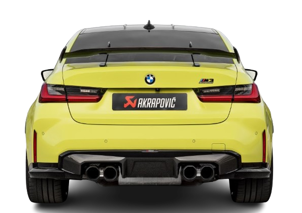 Rear view of a yellow BMW M3 with an Akrapovic exhaust, with twin pipes each side, a high gloss black rear diffuser & sports boor spoiler fitted