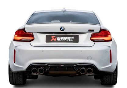 Rear view of a BMW M2 with an Akrapovič exhaust system & rear diffuser fitted