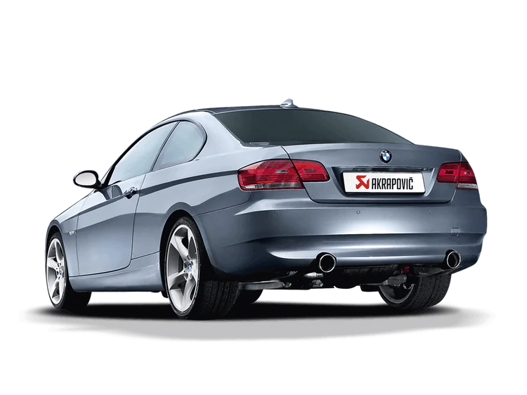 Silver BMW 335i Coupe with Akrapovič exhaust, rear view