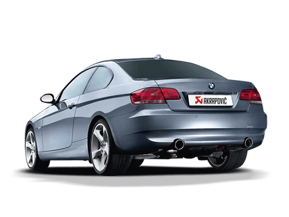 Silver BMW 335i Coupe with Akrapovič exhaust, rear view