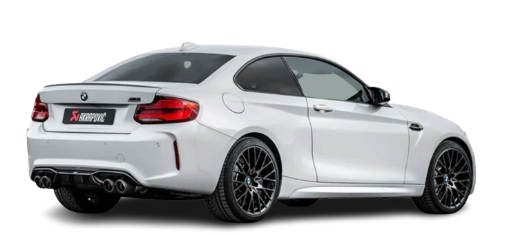 An offside rear view of a BMW M2 with an Akrapovič exhaust system & diffuser fitted
