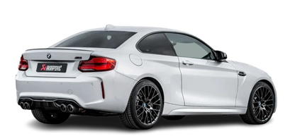An offside rear view of a BMW M2 with an Akrapovič exhaust system & diffuser fitted
