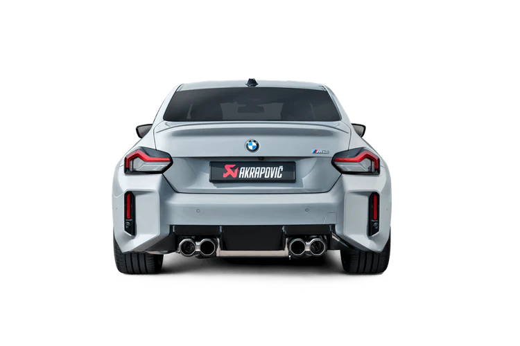 Rear view of a grey BMW M3 with Akrapovic exhaust, twin pipes each side, fitted