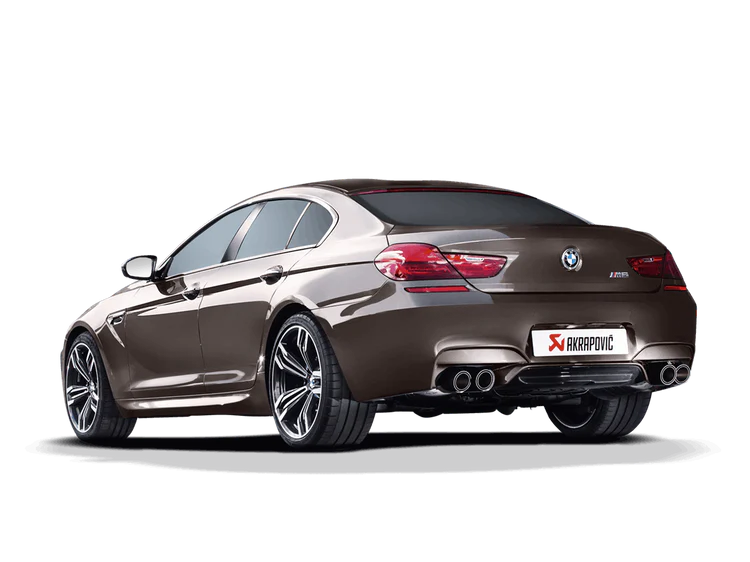 Near side rear view of a brown BMW M6 with an Akrapovic twin pipe each side & carbon fibre tips exhaust fitted