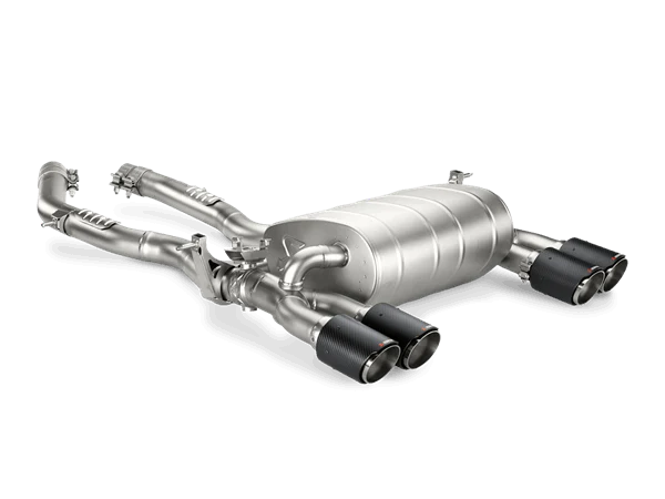 Side view of an Akrapovic exhaust with twin pipes each side & tips for a BMW M3 M4