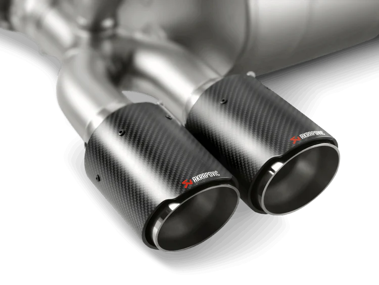 Close up view of twin exhaust tail pipes with Akrapovic carbon fibre tips fitted