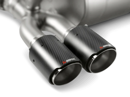 Close up view of twin exhaust tail pipes with Akrapovic carbon fibre tips fitted