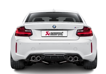 Rear view of a BMW M2 with an Akrapovič exhaust system and rear carbon fibre, with a high gloss finish, diffuser fitted