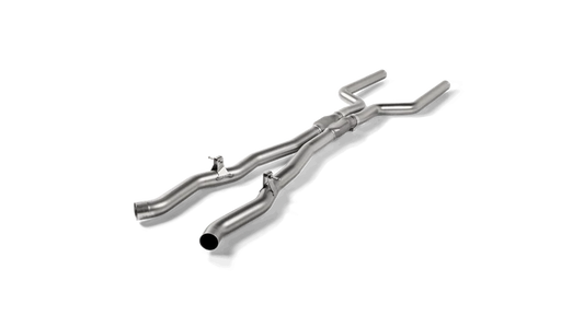 Aerial view of an Akrapovic Titanium twin link pipe set 