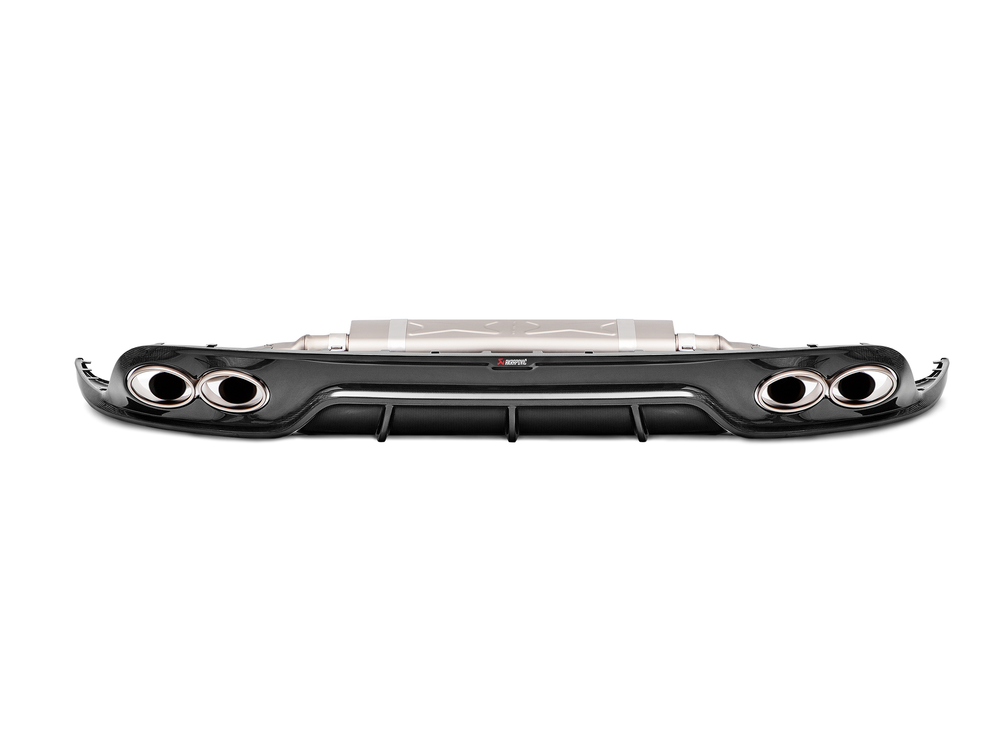 Front view of an Akrapovič carbon fibre rear diffuser with double twin oval tail pipes in a high gloss finish