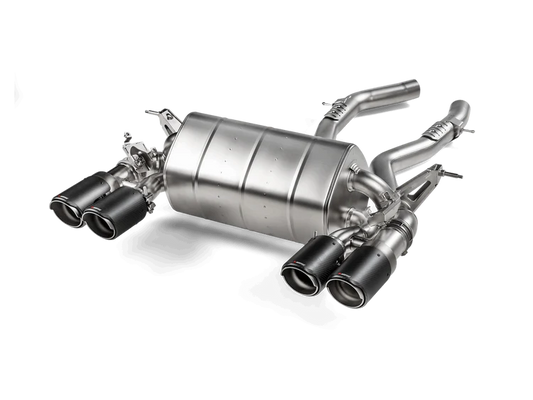 Front aerial view of an Akrapovic titanium rear exhaust section with twin pipes either side, with carbon fibre tips